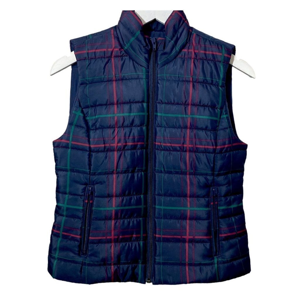 LOFT Ann Taylor Puffer Vest Size XS Navy Blue Preppy Plaid Zip front